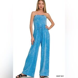 Zenana Outfitters Deep Sky Blue Strapless Wide-Leg Jumpsuit